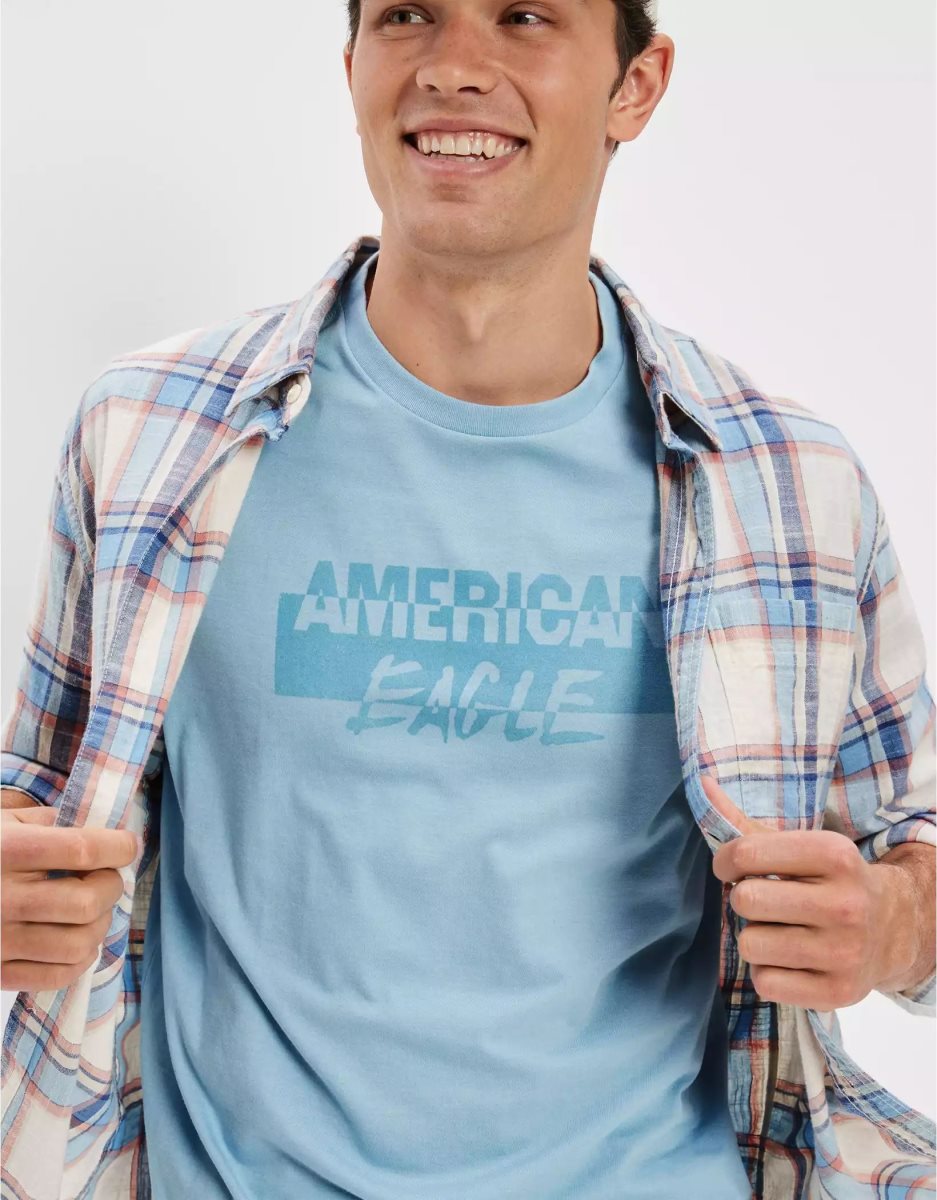 T Shirt Graphique American Eagle AE Super Soft Logo Turquoise Clair Homme | HRT-04306841